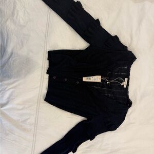 Navy Blue Button-Up Ruffle Cardigan